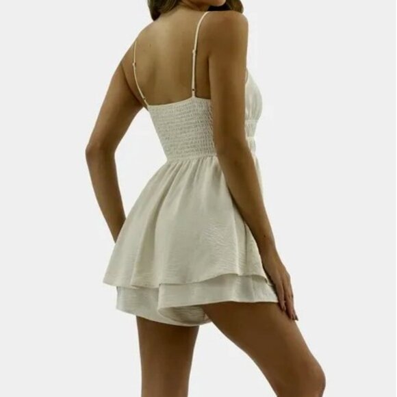 NWT, SZ M (8-10) Double-Layer Shorty Romper Mini Dress, Ivory - Picture 2 of 2